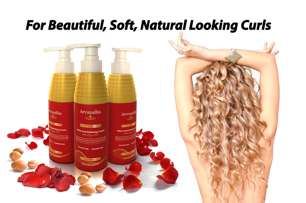 Arvazallia Ultra Curl Defining Cream, acabado suave con brillo en el cabello.