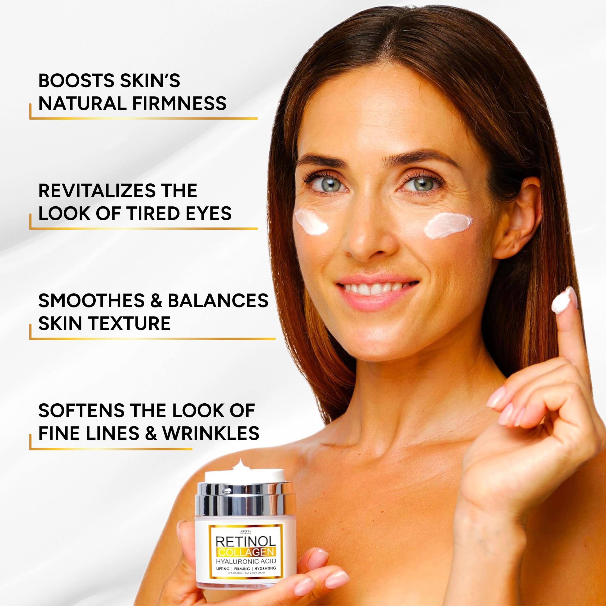 Arvesa crema de retinol con colágeno y ácido hialurónico, textura ligera para piel nutrida.