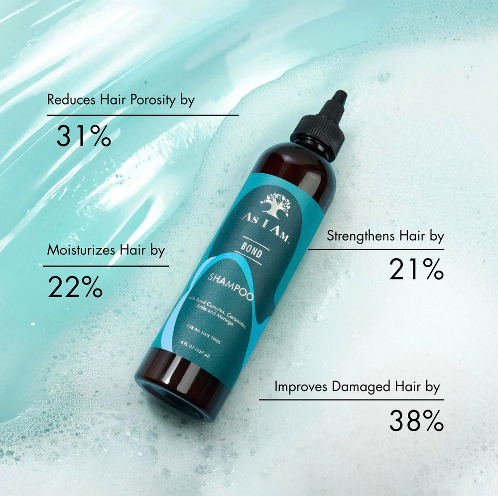 As I Am Bond Repair Shampoo envase-detalle: limpieza suave y aroma ligero.