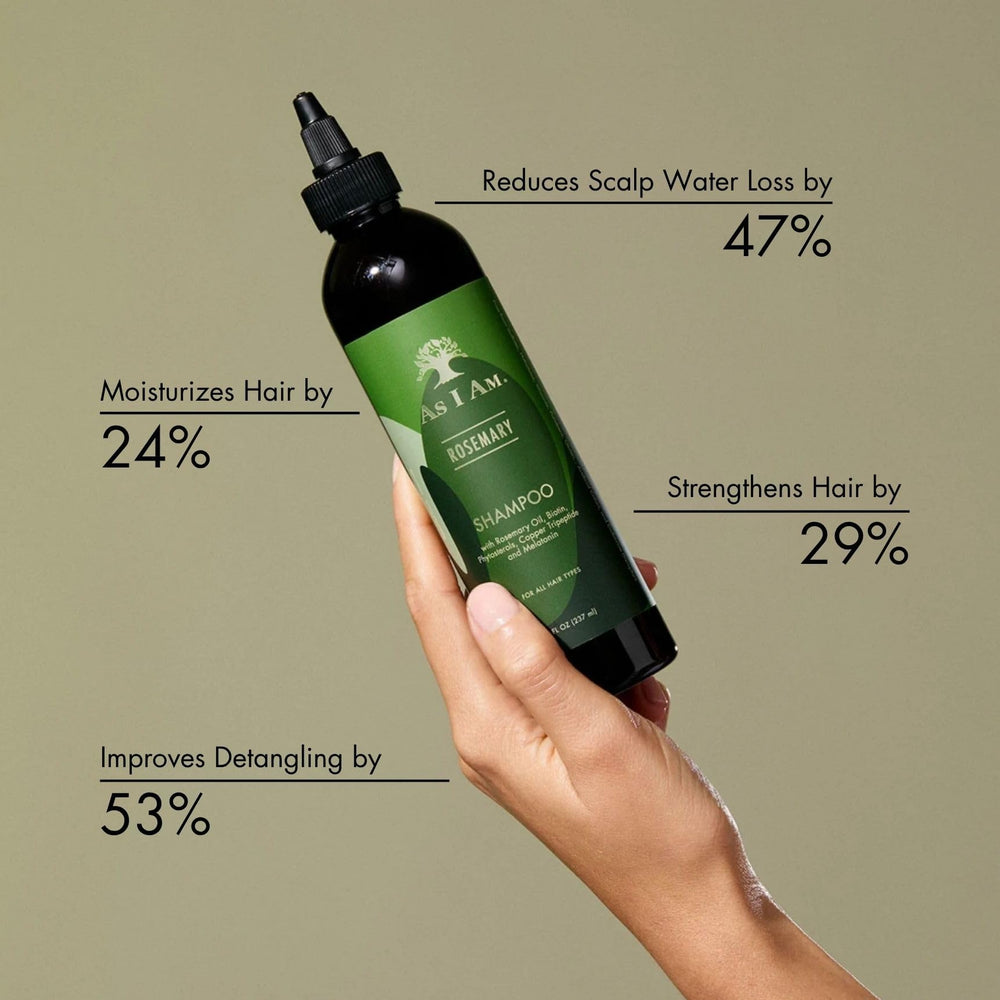 Etiqueta natural de As I Am Rosemary Shampoo destacando ingredientes suaves para cuero cabelludo.