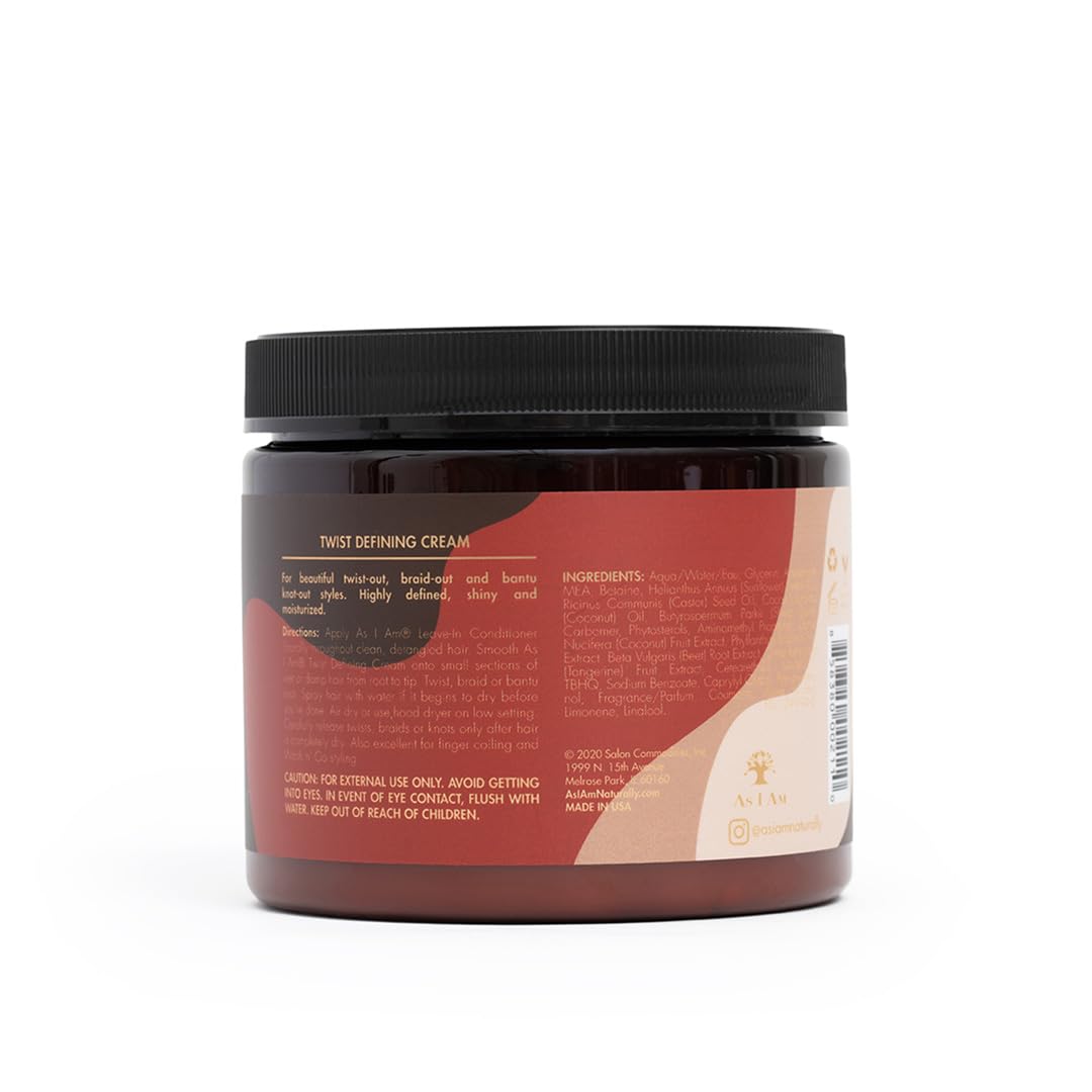 As I Am Twist Defining Cream Red bote abierto con rizos definidos al peinar.