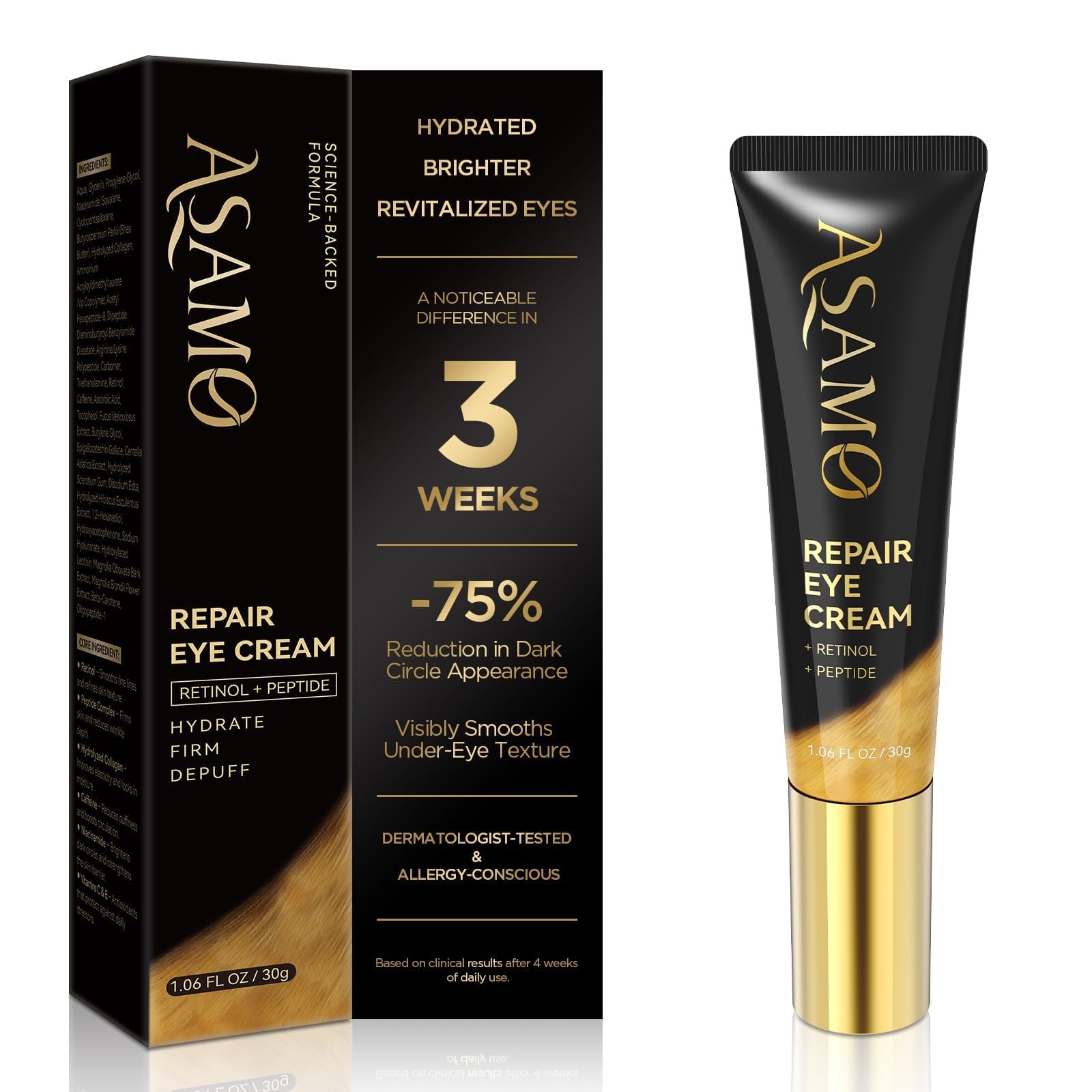 ASAMO Crema de Ojos con Retinol en frasco, cuidado diario para la mirada.