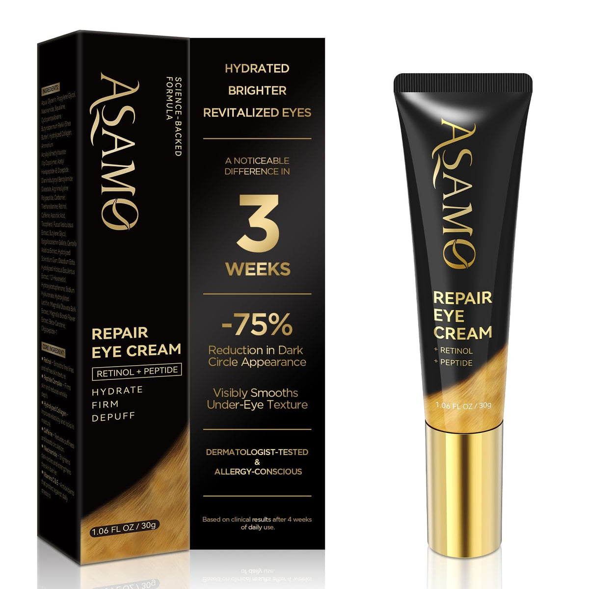ASAMO Crema de Ojos con Retinol en frasco, cuidado diario para la mirada.
