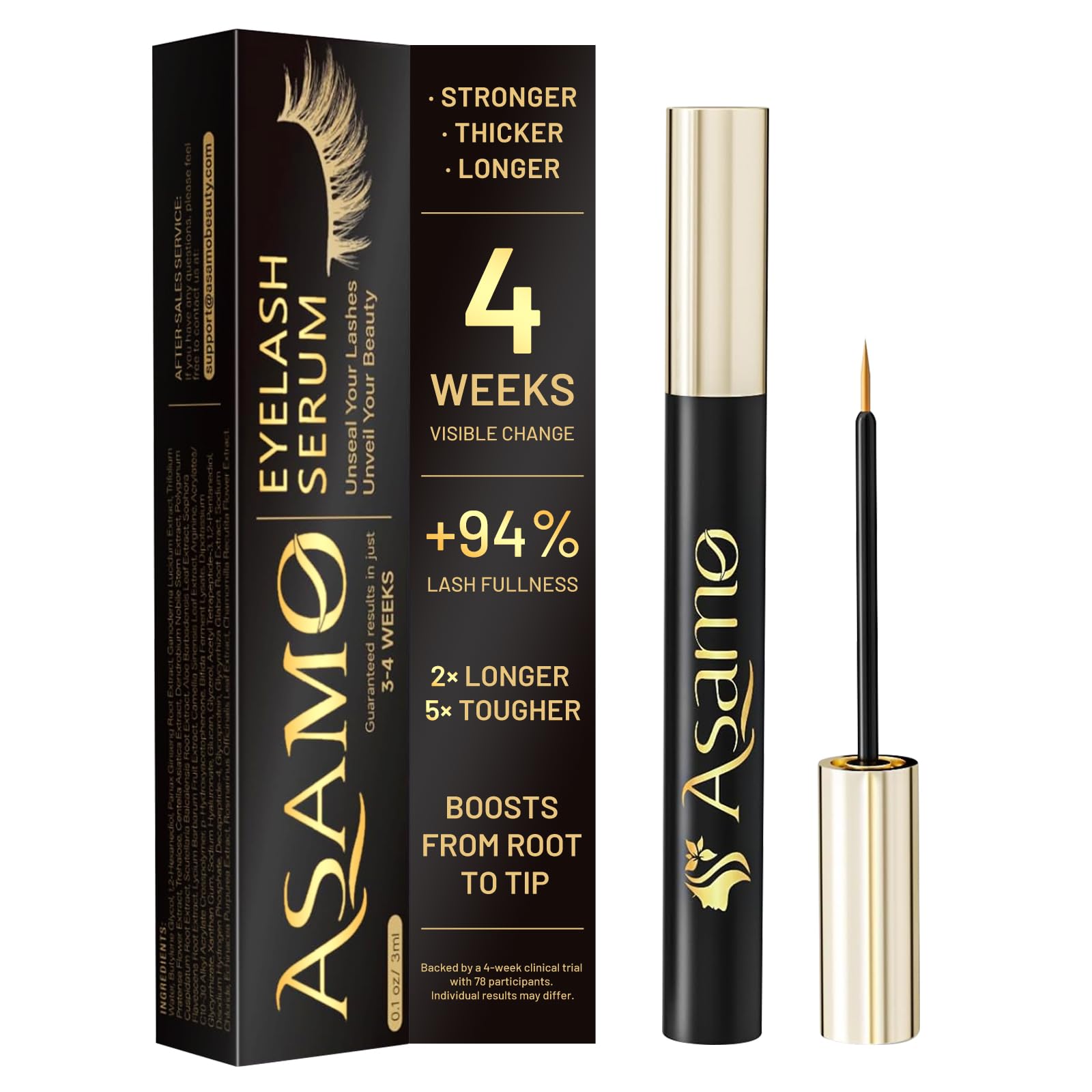 ASAMO Serum para pestañas en botella dorada realza la belleza natural de la mirada.