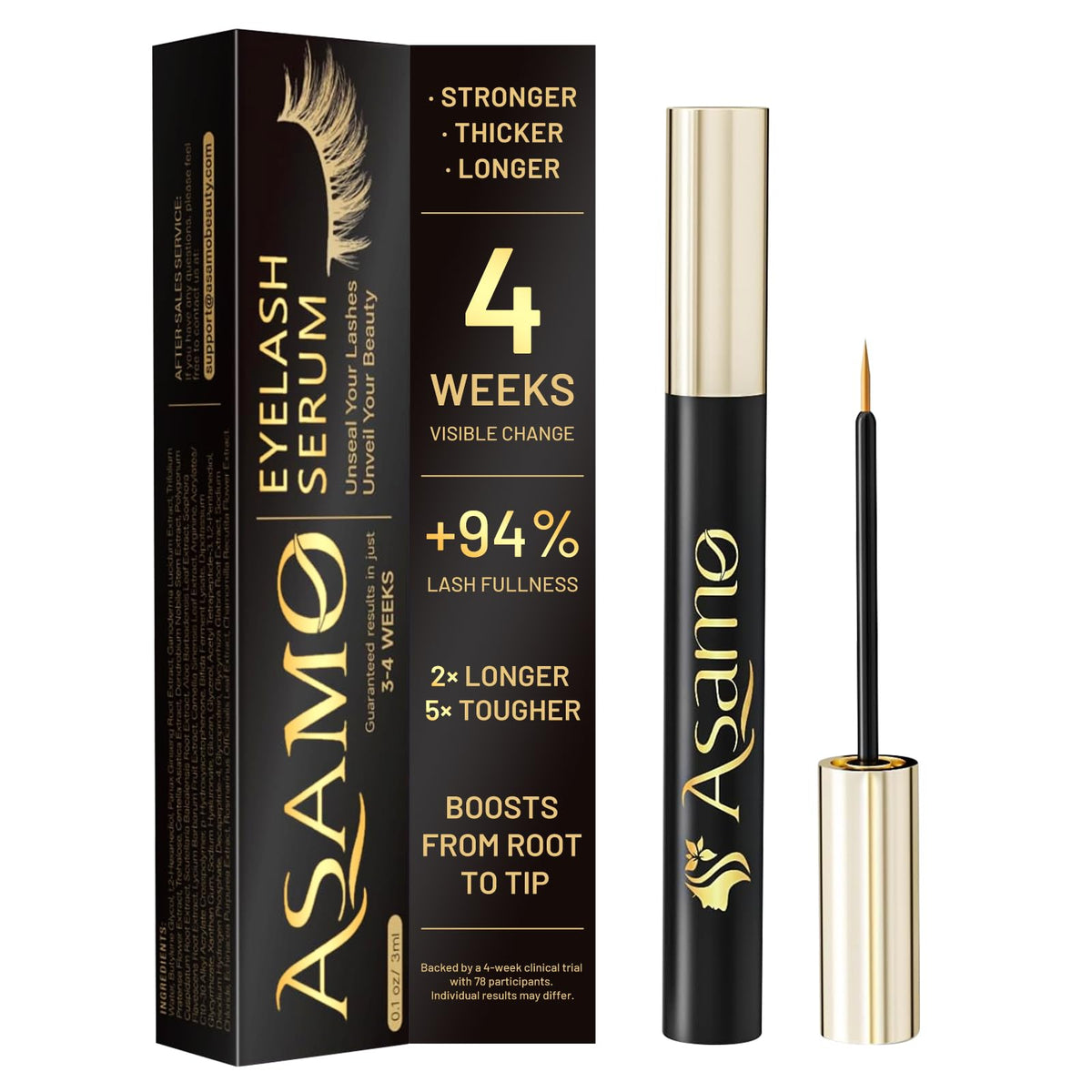 ASAMO Serum para pestañas en botella dorada realza la belleza natural de la mirada.