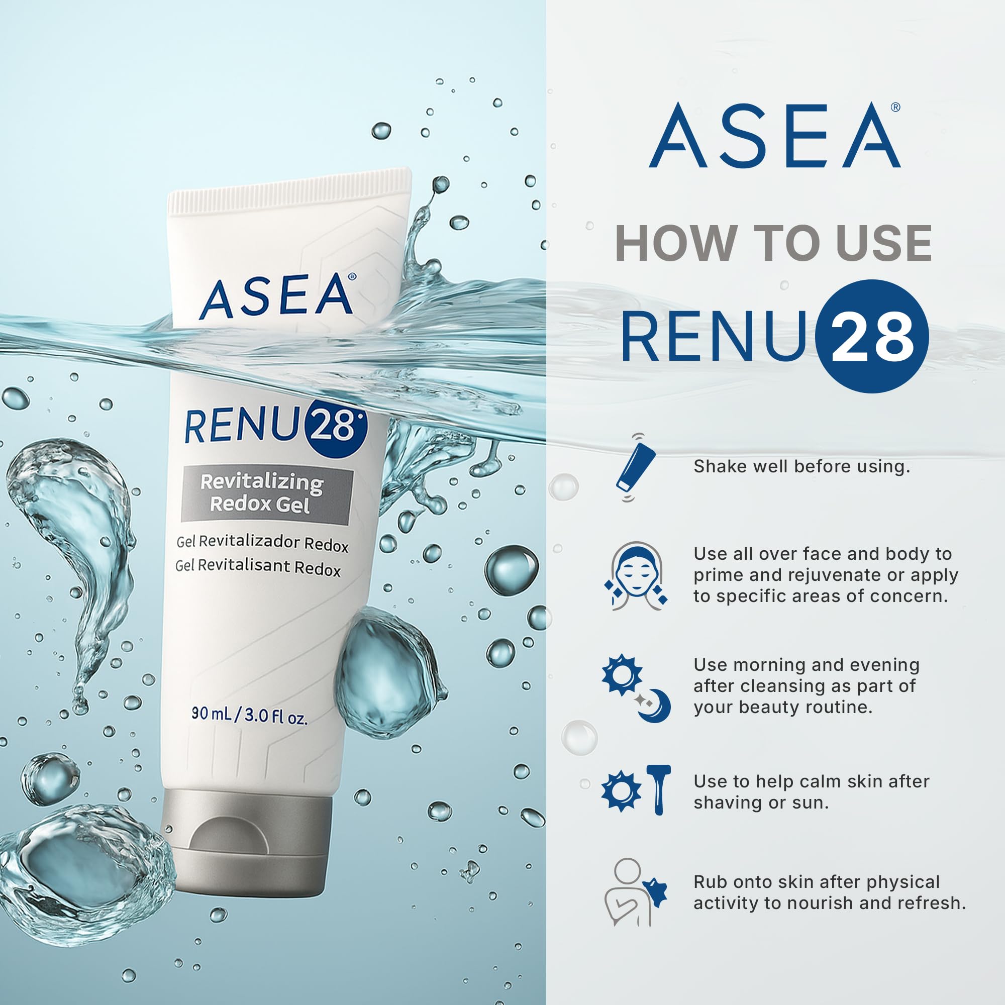 ASEA RENU28 Gel Redox, mejora de firmeza con uso diario.