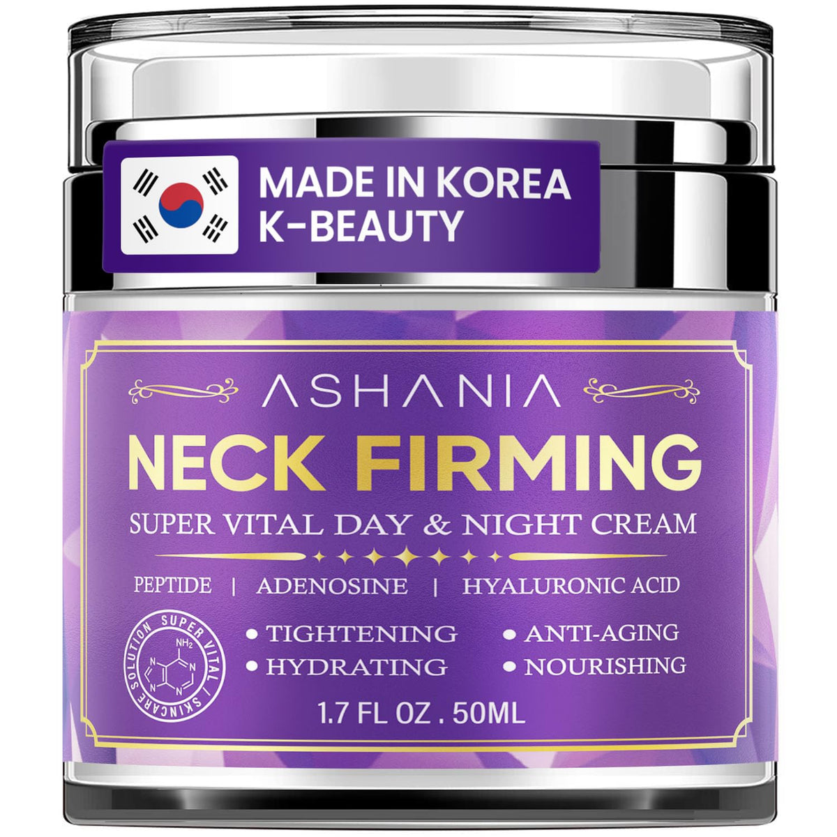Ashania crema cuello firmante, envase elegante y aplicación suave para mayor firmeza