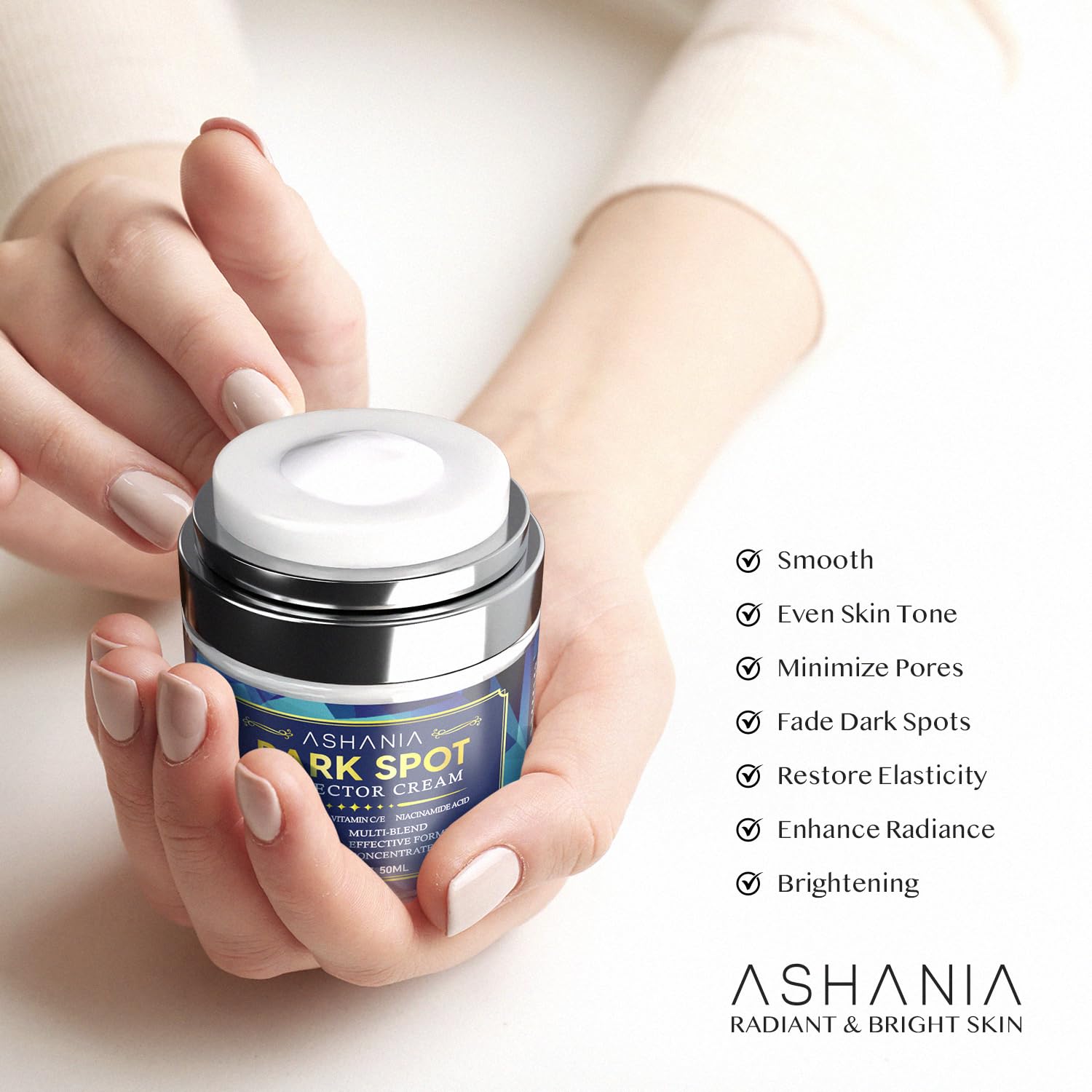 Ashania Serum Niacinamida y Vitamina C, botella destacada para iluminar la piel.