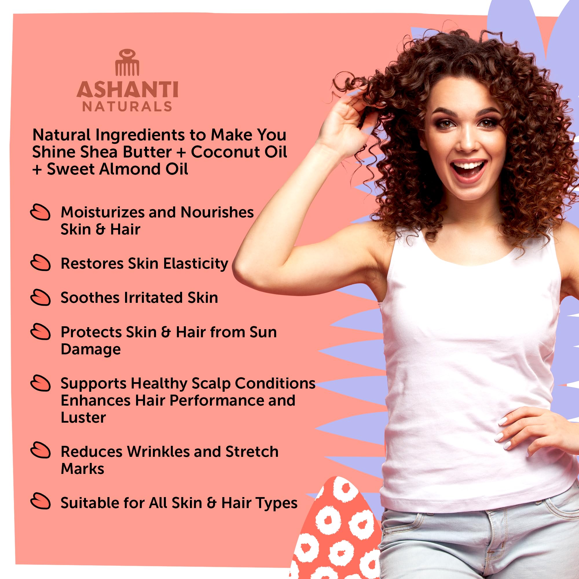 Ashanti Naturals ingredientes: karité crudo, coco y aceite de almendra para nutrición