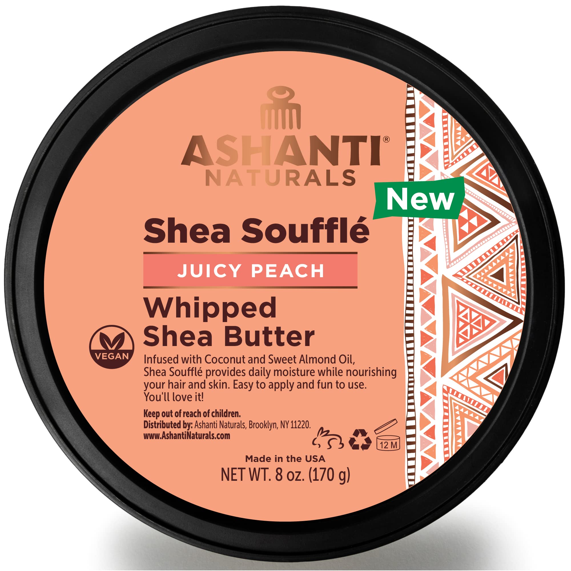 Ashanti Naturals Juicy Peach Soufflé, frasco de 8 oz, manteca batida con coco para piel suave.