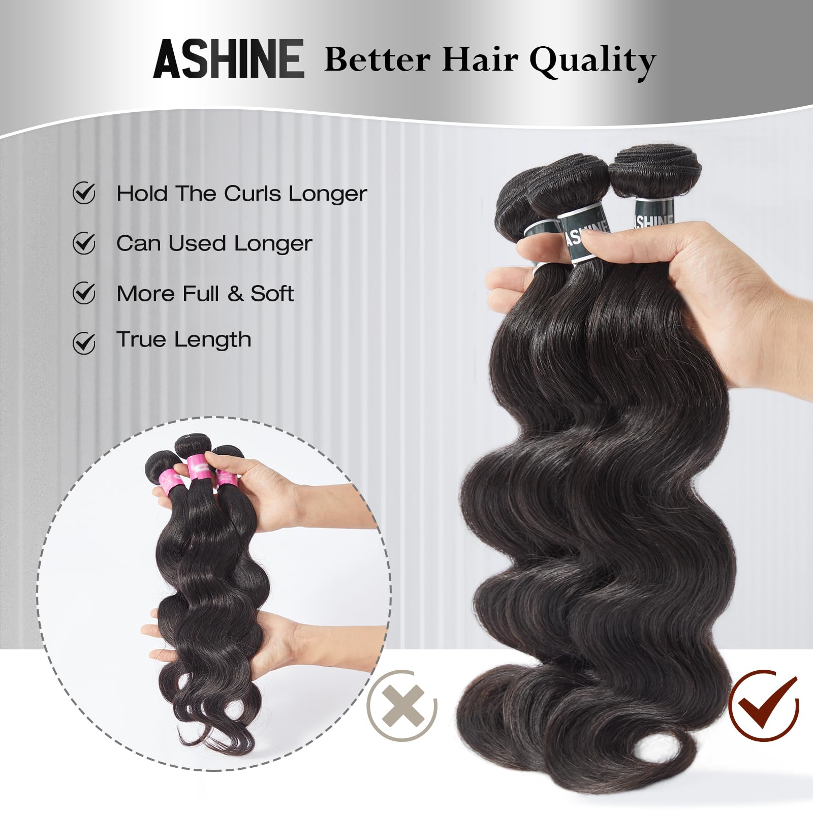Cabello ASHINE suave tras lavado para peinados rápidos.