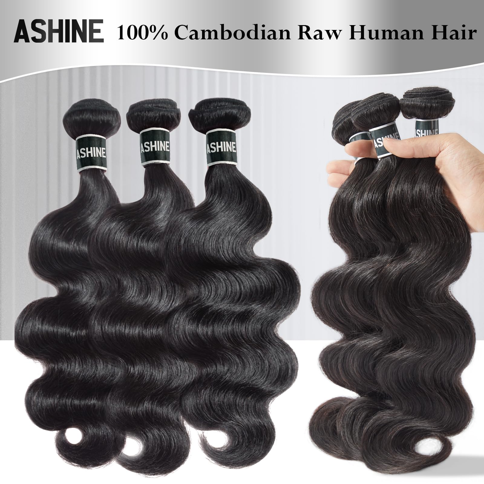 Paquetes ASHINE de cabello camboyano ondulado corporal para peinados voluminosos.
