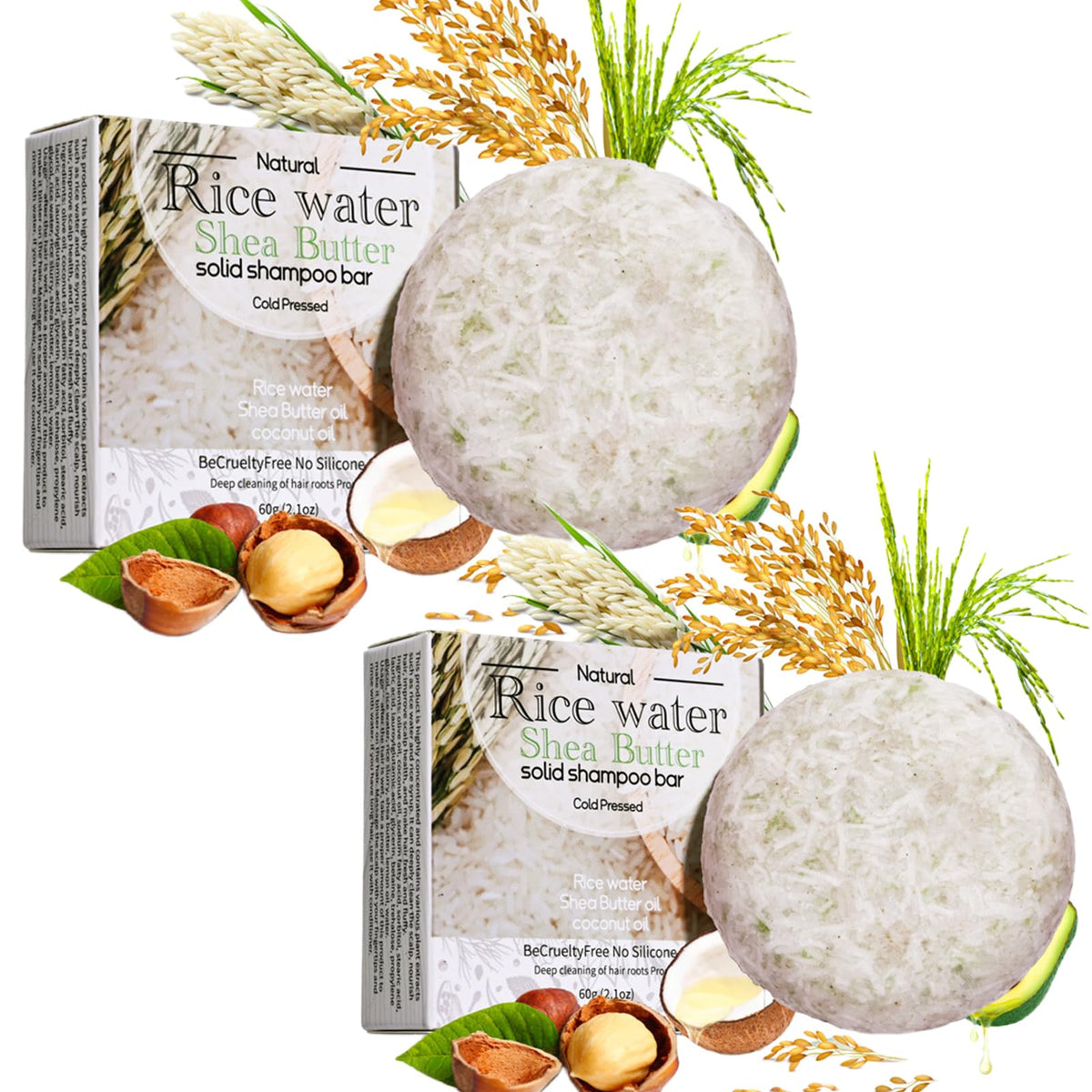 ASMAYSA barra shampoo arroz dos-piezas, ideal para uso diario en casa o de viaje.