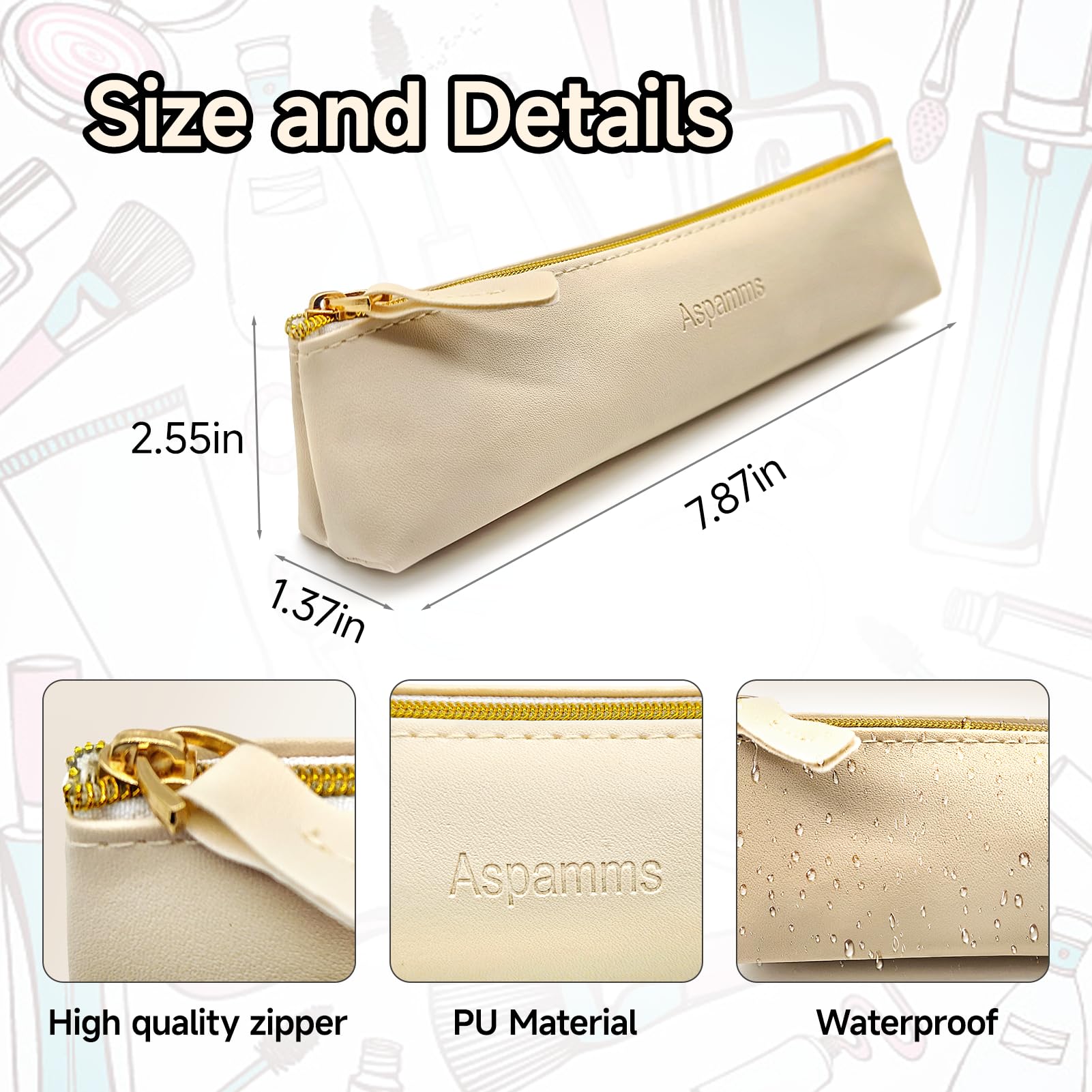 Estuche Aspamms de maquillaje portátil en cuero PU, ideal para viajar.