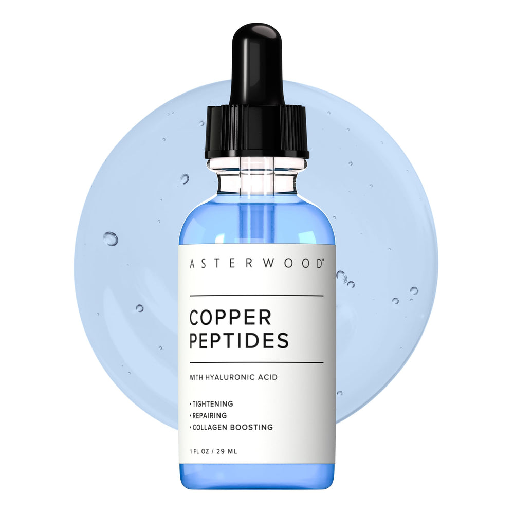 Asterwood Serum cobre-peptidos para rostro, botella elegante para uso diario.