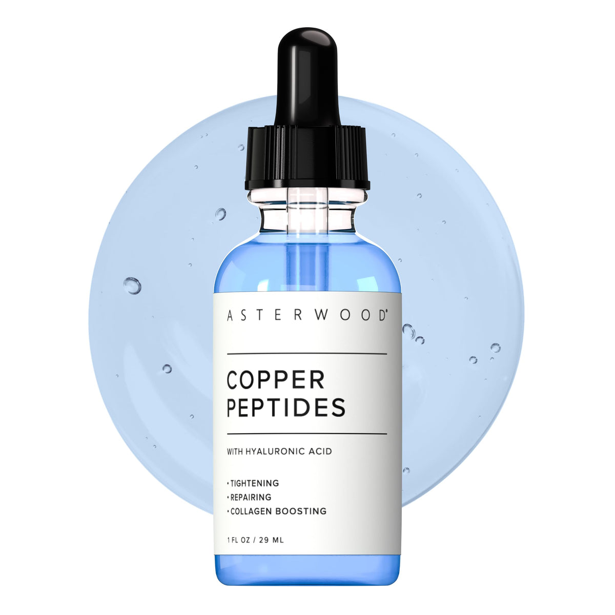 Asterwood Serum cobre-peptidos para rostro, botella elegante para uso diario.