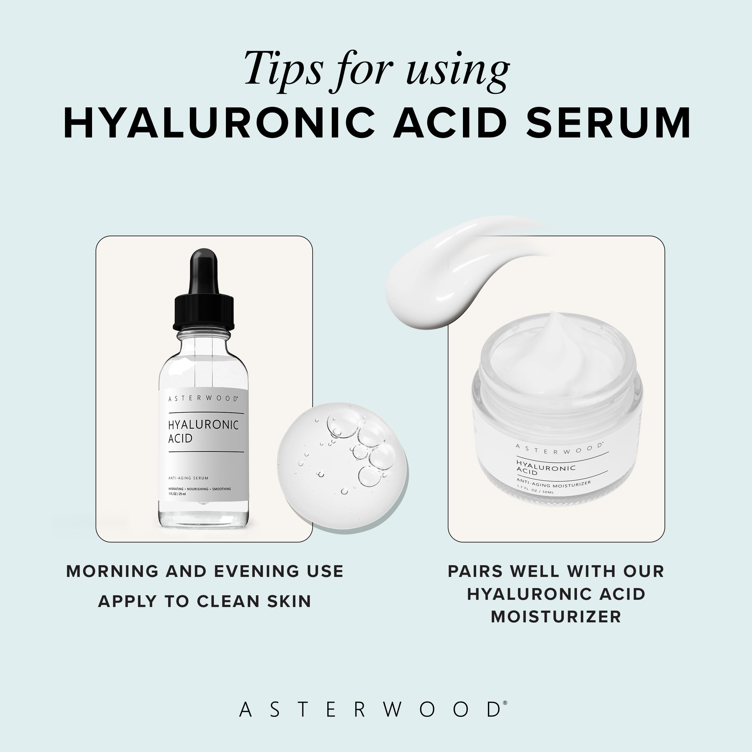 Asterwood Hyaluronic Acid Serum vegan formula close-up fragrance-free design.
