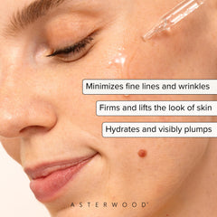 Asterwood Matrixyl 3000 + Argireline, aplicación, reduce tensión facial para menos arrugas visibles.