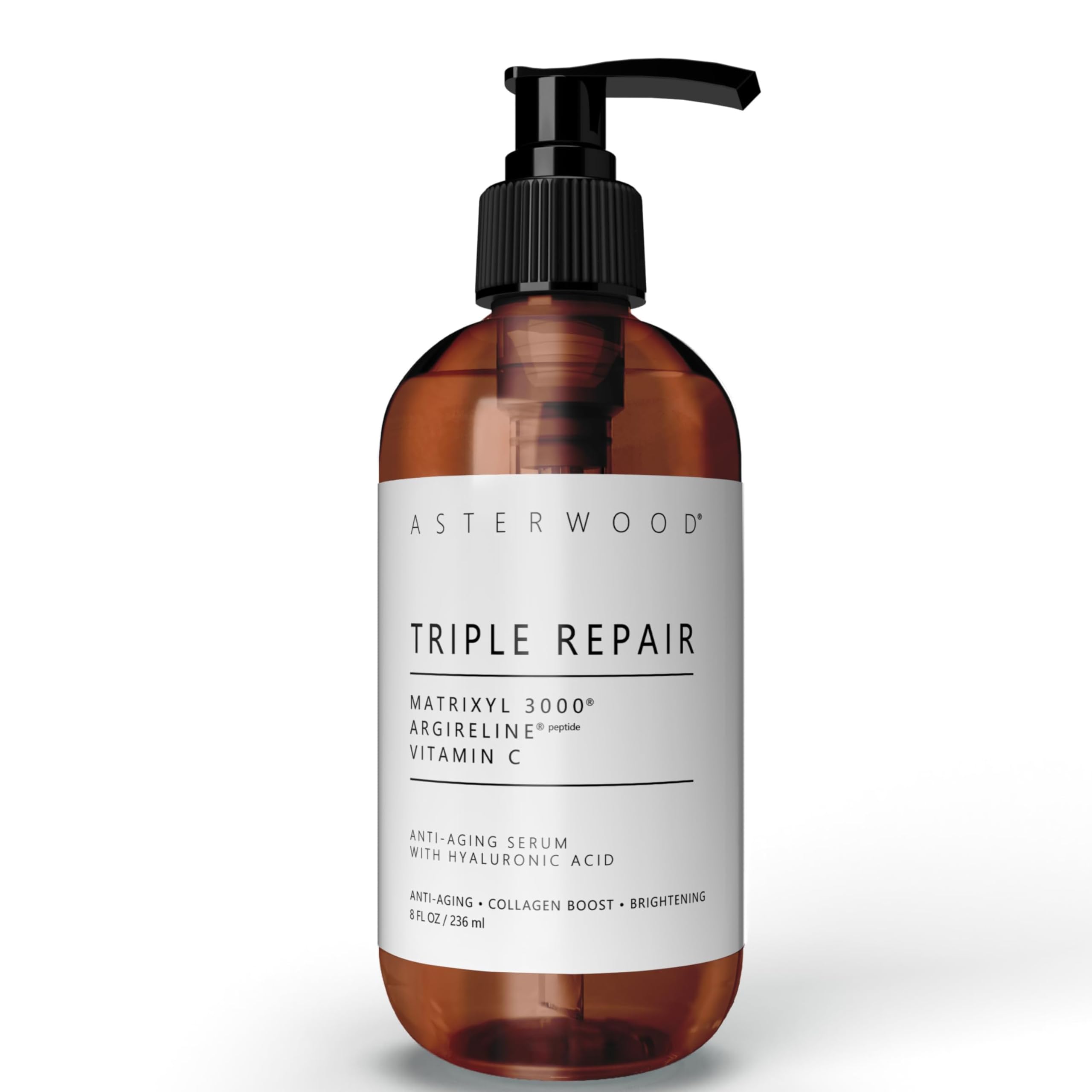 Asterwood Triple Repair Serum: botella con bomba para uso diario y piel hidratada