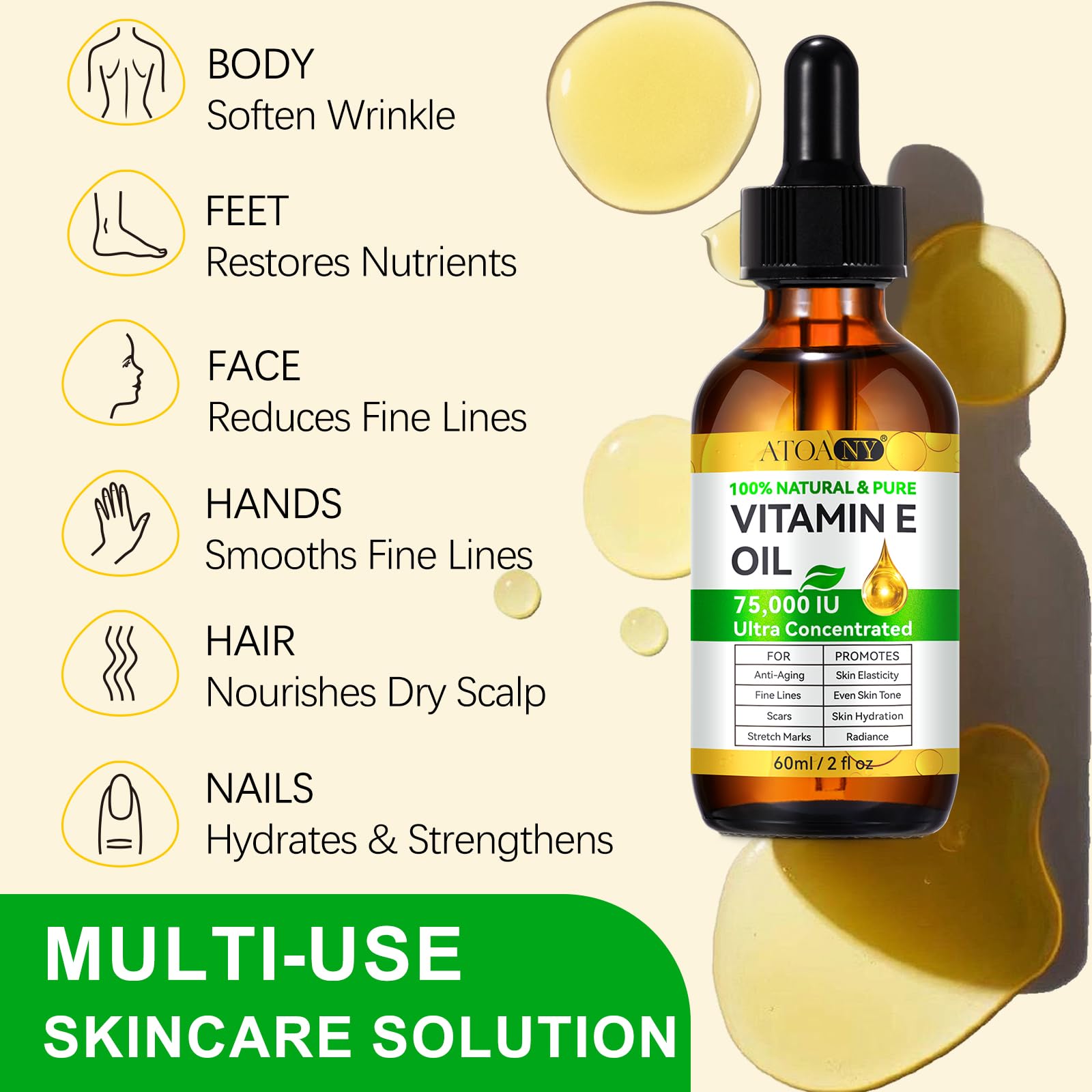 ATOANY Aceite Vitamina E 75,000 UI almacenamiento en lugar fresco y seco
