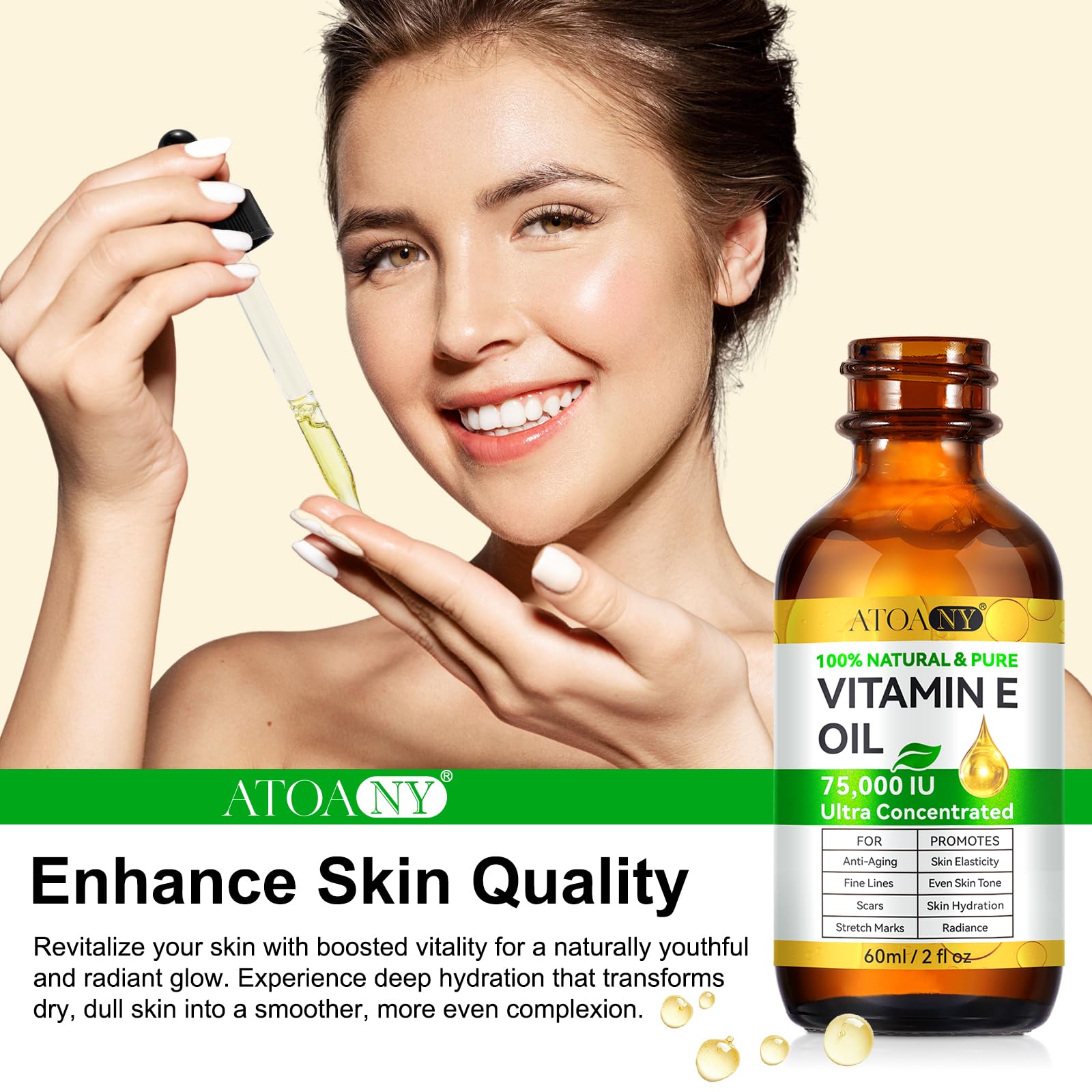 ATOANY Aceite Vitamina E 75,000 UI mezcla con cremas para mayor hidratación