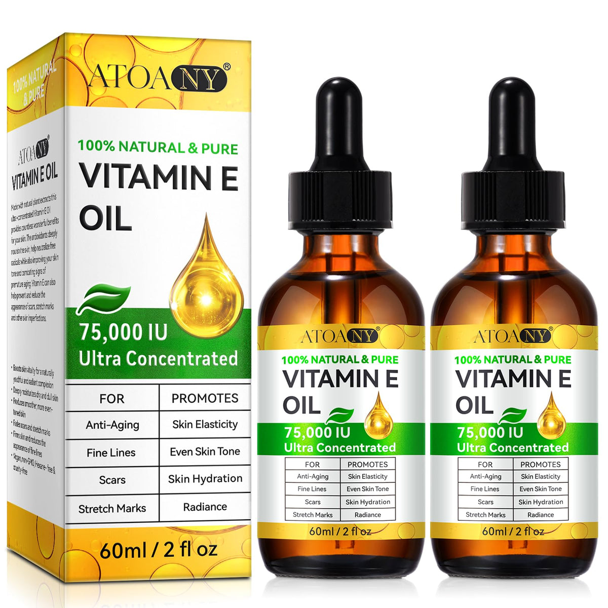 ATOANY Vitamin E Oil bottle, two-pack, for deep hydration and protection.