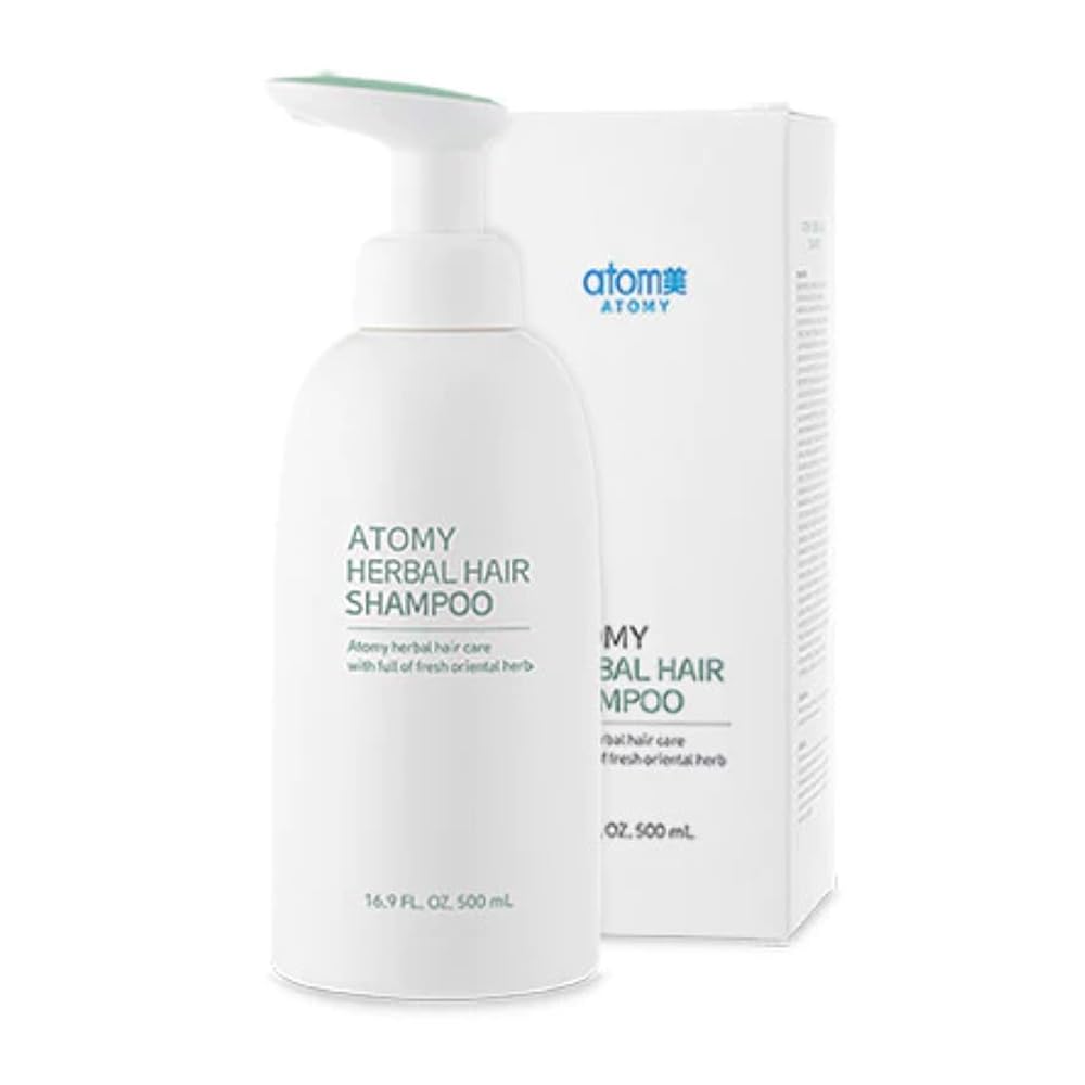 ATOMY champú de hierbas 500 ml, botella vertiendo; limpieza suave para el cabello