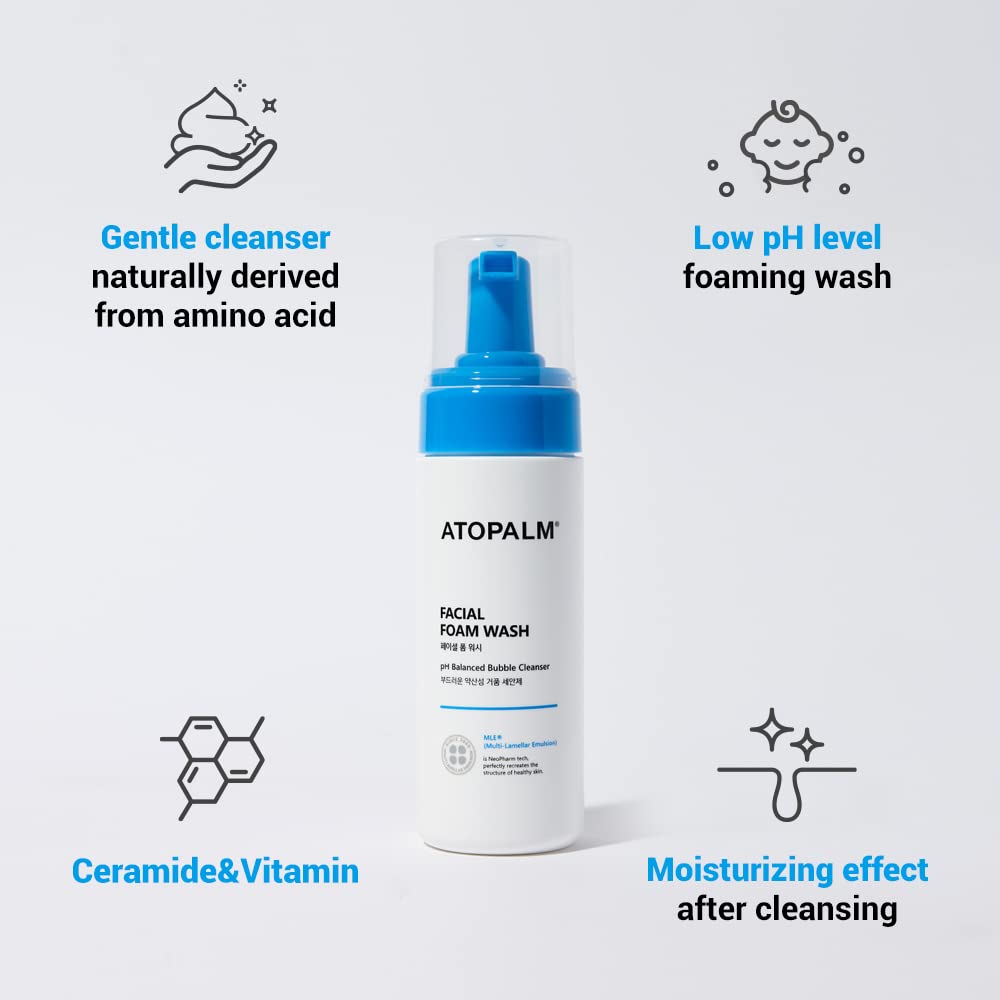 ATOPALM espuma nutritiva con vitamina E, limpieza facial suave para piel sensible.