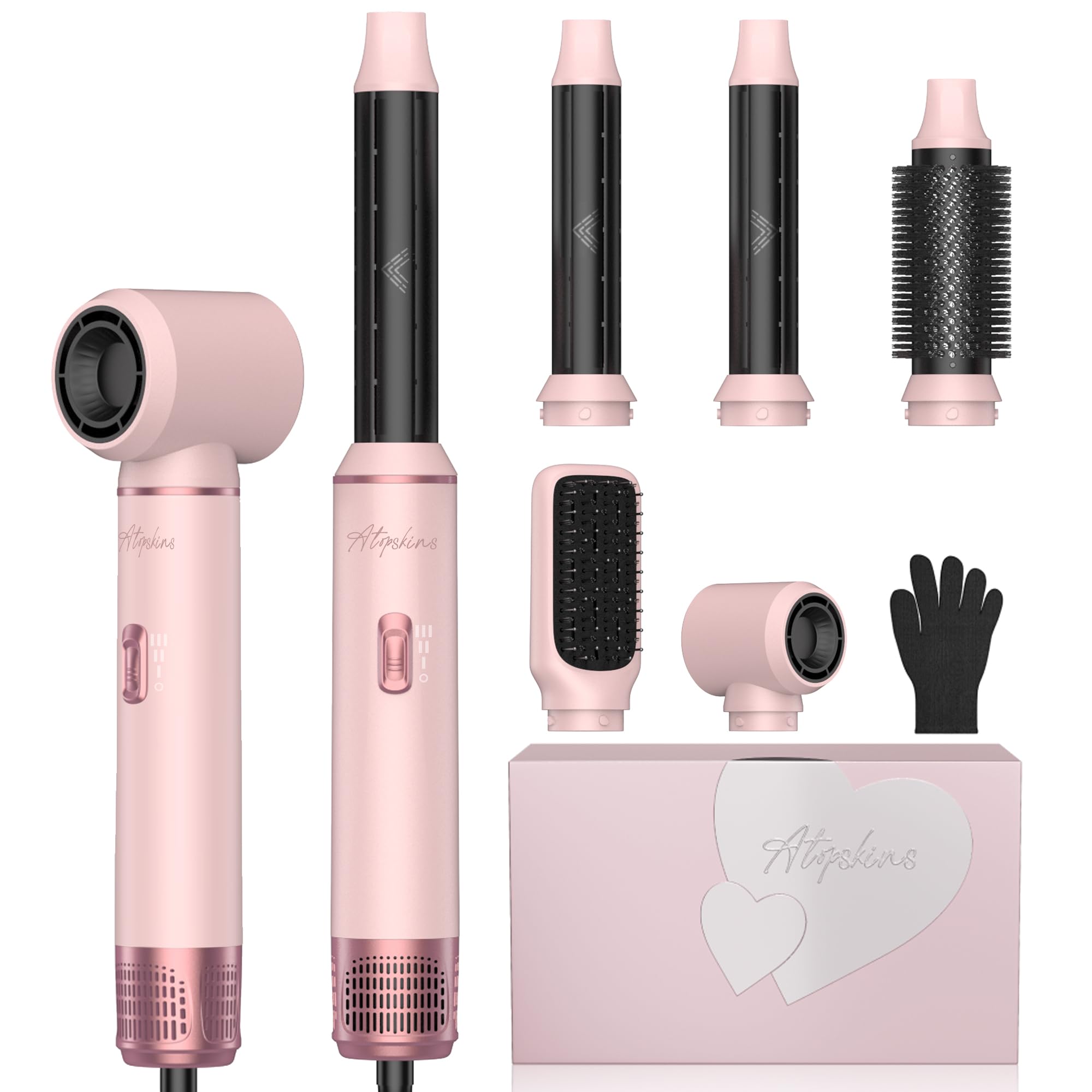 Atopskins 5 en 1 secador de pelo con cepillo rosa para peinados rápidos y profesionales.