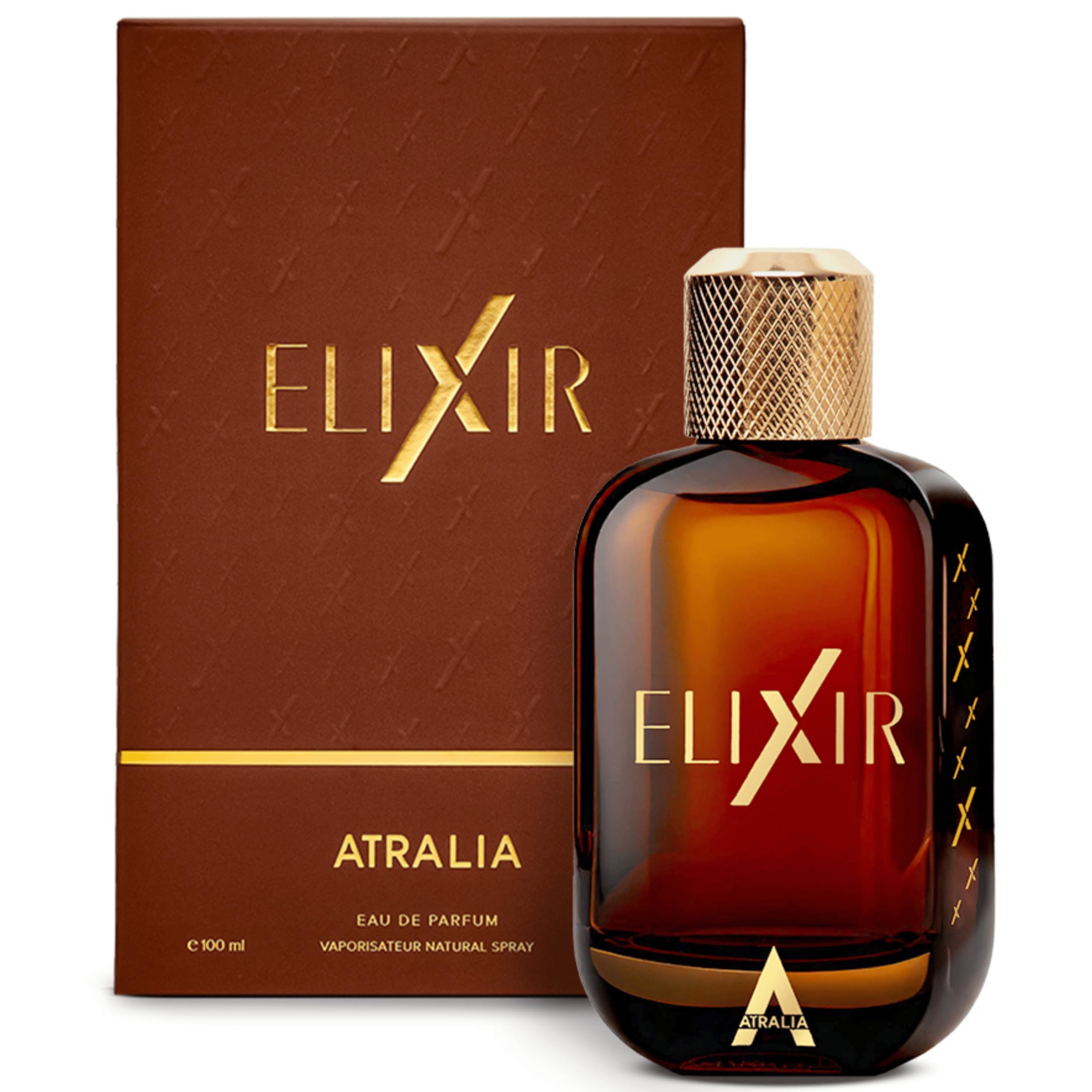 Atralia Elixir en la botella frontal, presentación elegante para uso diario.