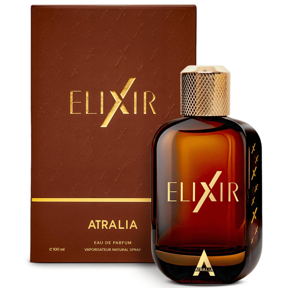 Atralia Elixir en la botella frontal, presentación elegante para uso diario.