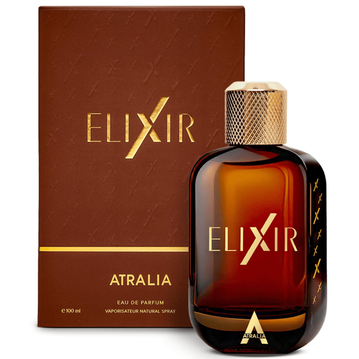 Atralia Elixir en la botella frontal, presentación elegante para uso diario.