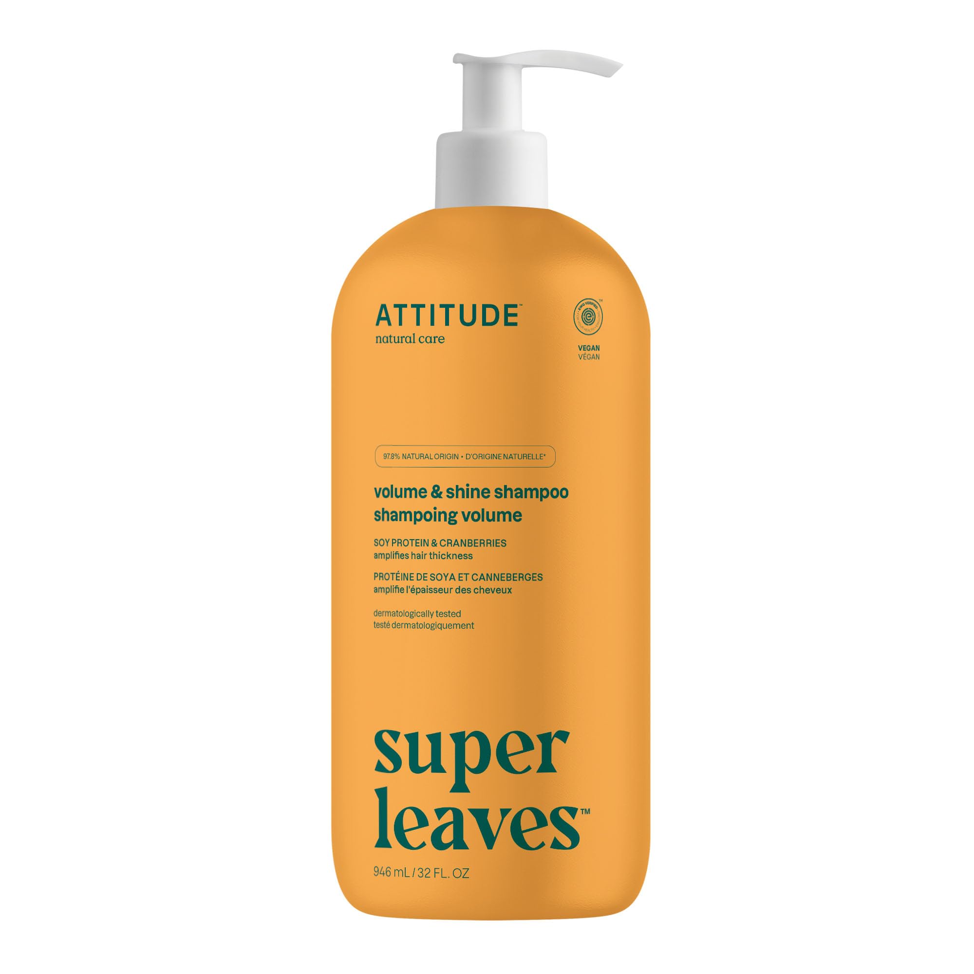 ATTITUDE champú para volumen y brillo, botella visible, cabello fino.