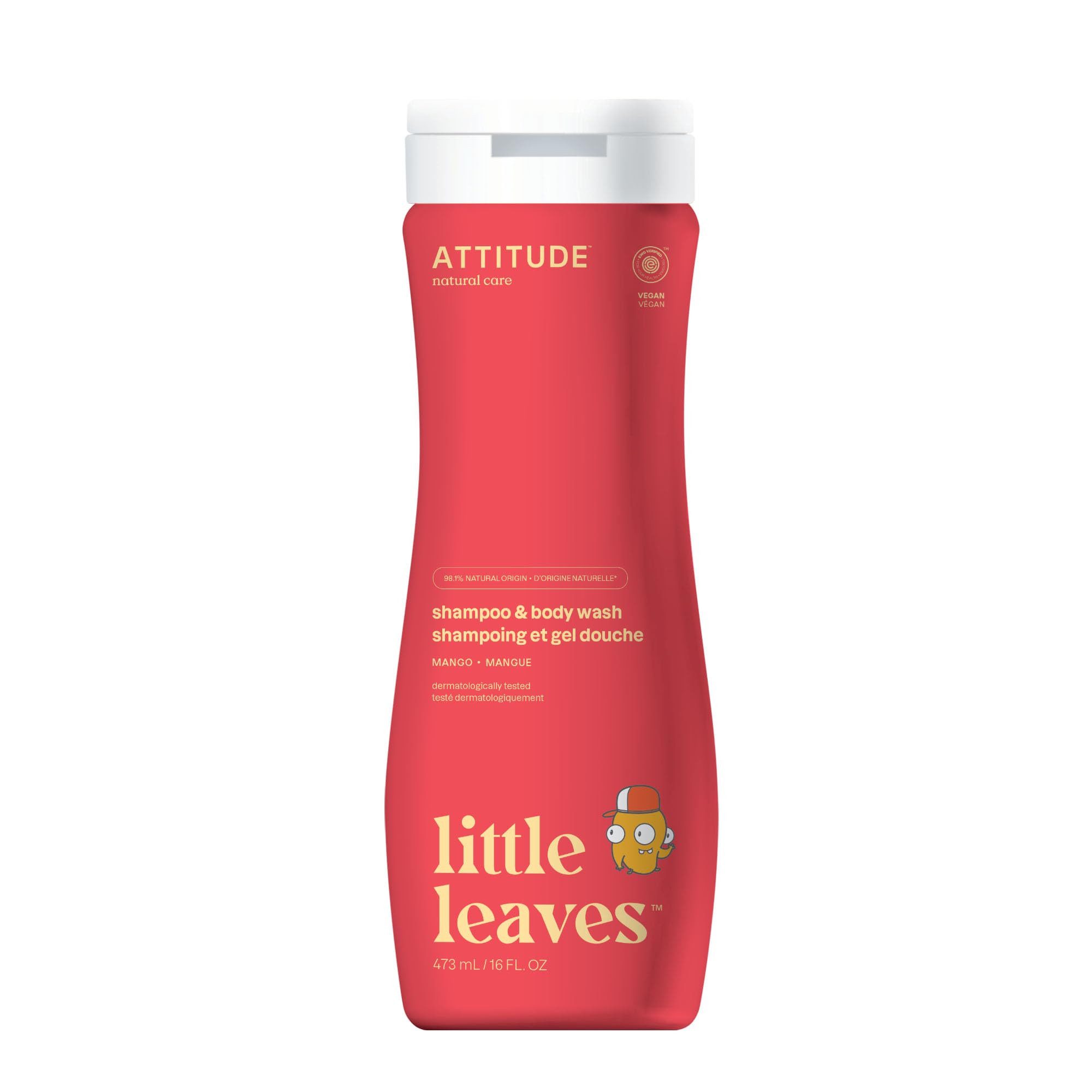 Botella ATTITUDE Little Leaves Mango para baño suave, ideal piel sensible y limpieza delicada.