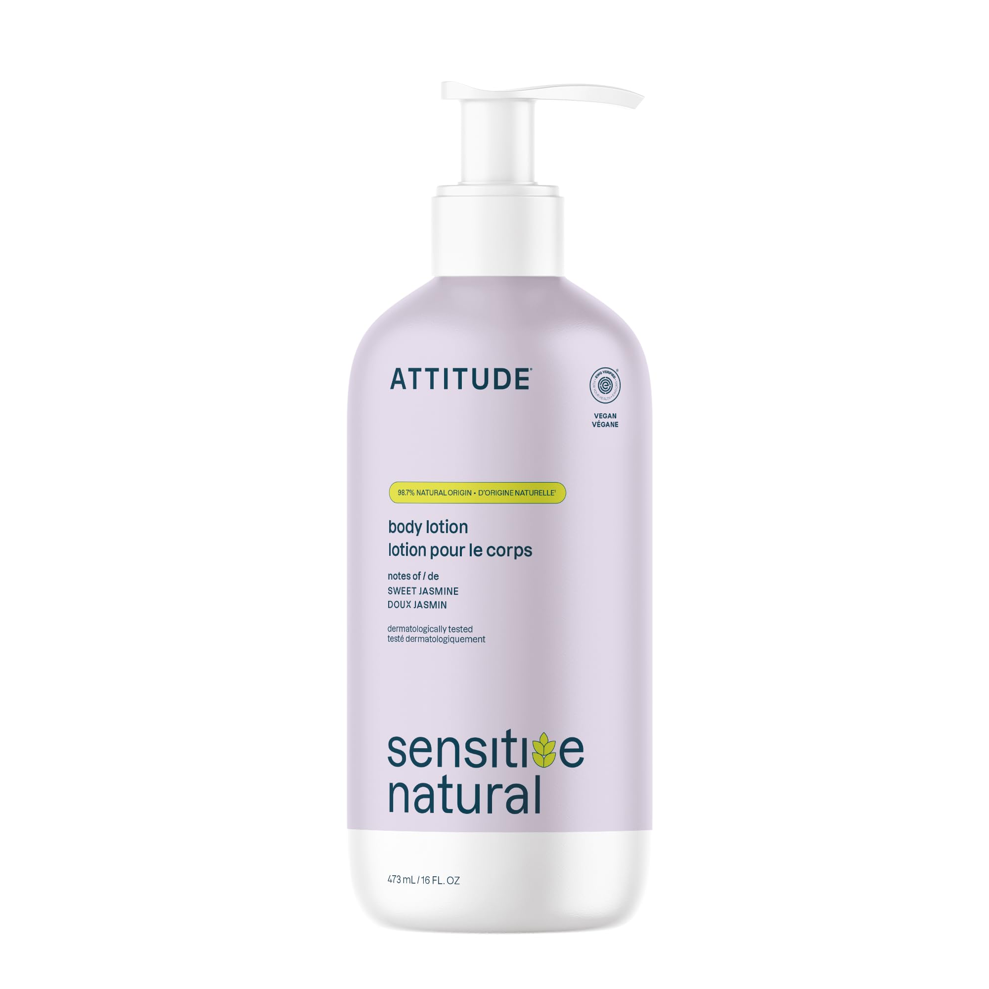 Loción corporal ATTITUDE en botella, ideal para piel sensible y cuidado diario.