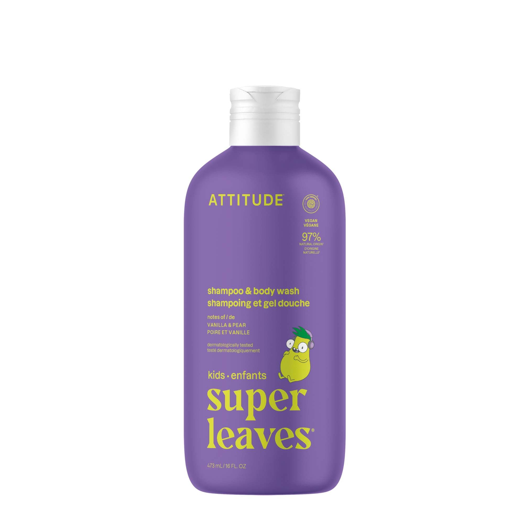 ATTITUDE Little Leaves 2en1, botella derramando, limpieza suave para piel sensible.