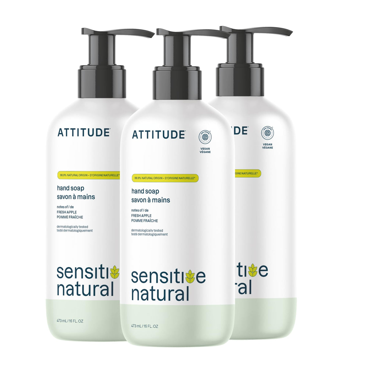ATTITUDE Savon mains sensibles — bouteille, nettoyage en douceur pour peau sensible.