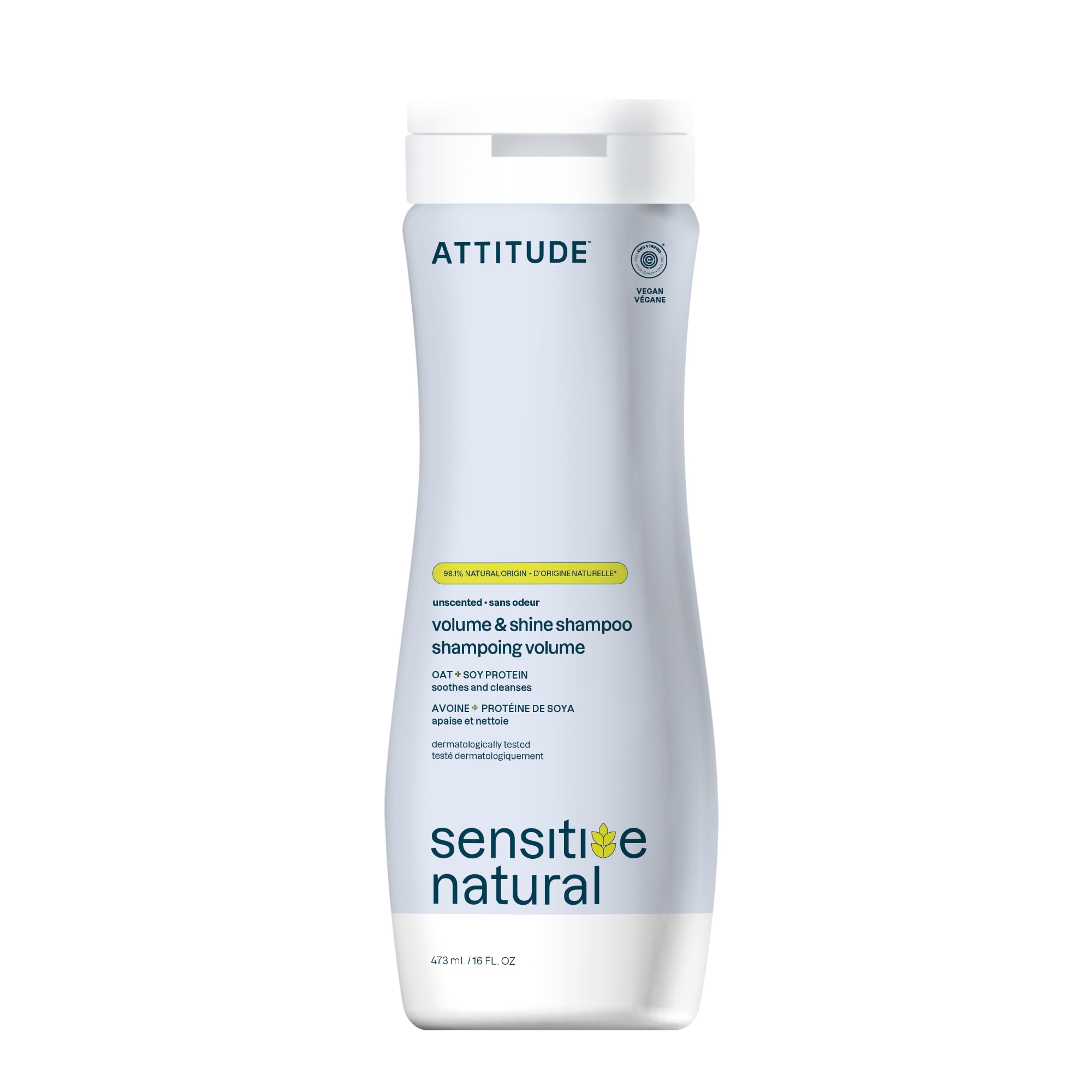 Shampoo ATTITUDE: botella destacada con volumen y brillo para cabello fino.