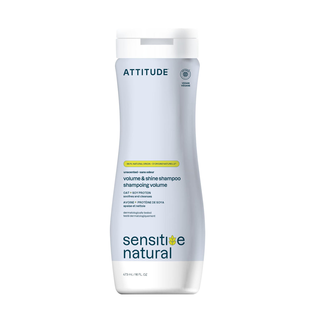 Shampoo ATTITUDE: botella destacada con volumen y brillo para cabello fino.