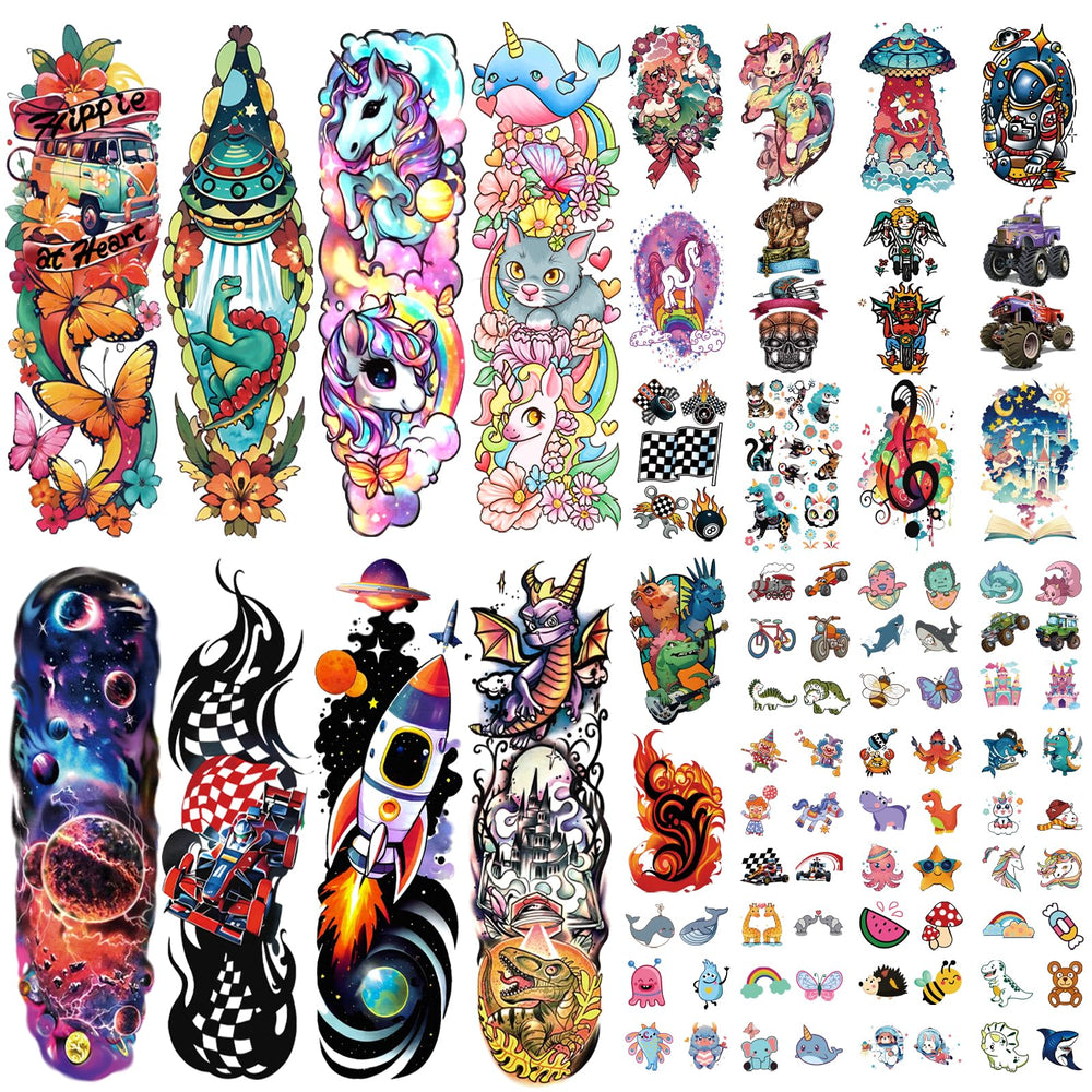 Tatuajes temporales de atydkug: cohete y coche para brazos, diversión duradera en fiestas.