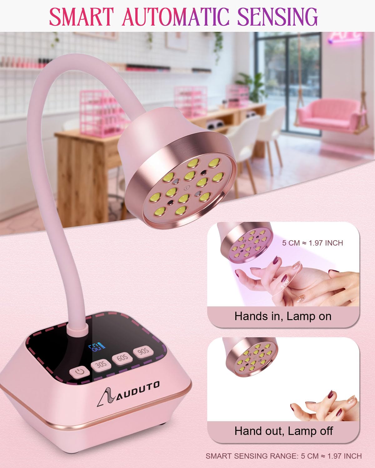 Auduto Pantalla de cristal líquido indica batería y temporizador para curado controlado.