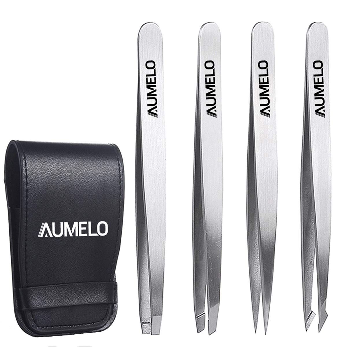 AUMELO pinzas cuatro piezas con estuche de viaje, precisión para depilar sin esfuerzo.