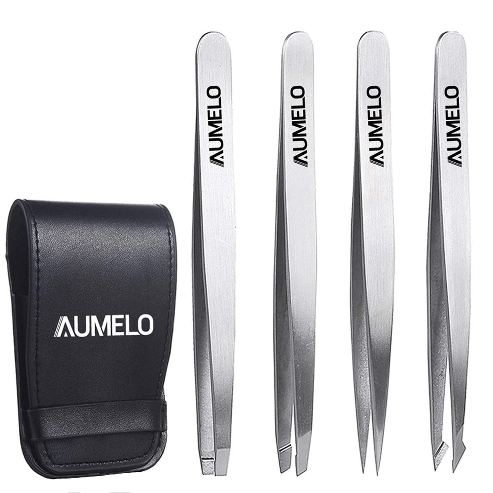AUMELO pinzas cuatro piezas con estuche de viaje, precisión para depilar sin esfuerzo.