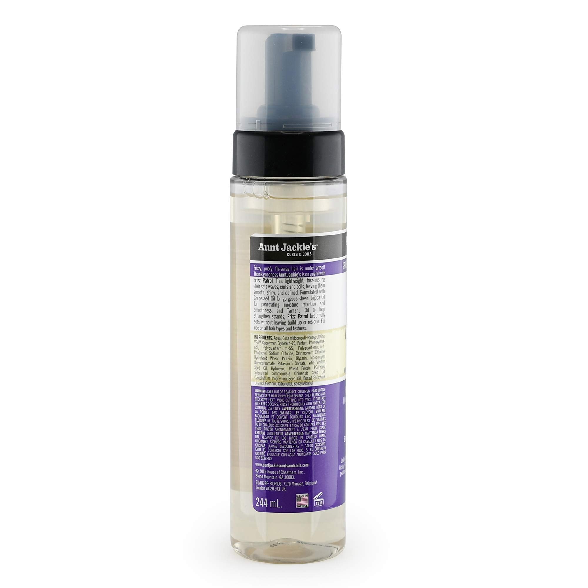 Aunt Jackie's Frizz Patrol Mousse aporta brillo y definición sin residuo.