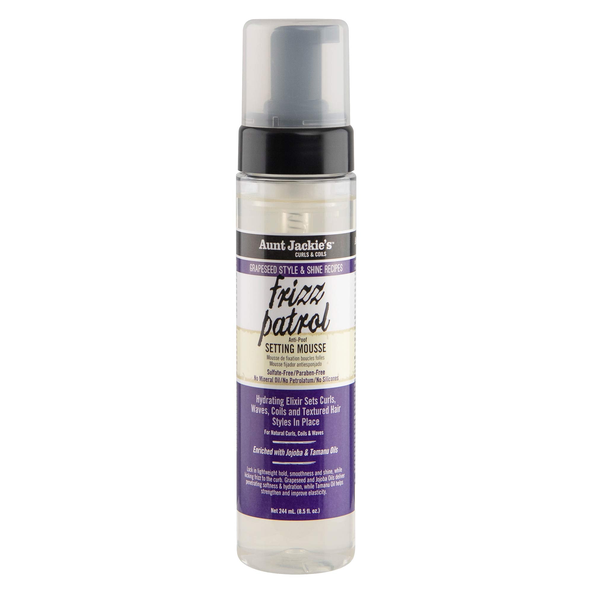 Aunt Jackie's Frizz Patrol Mousse en bote para fijación ligera y brillo.