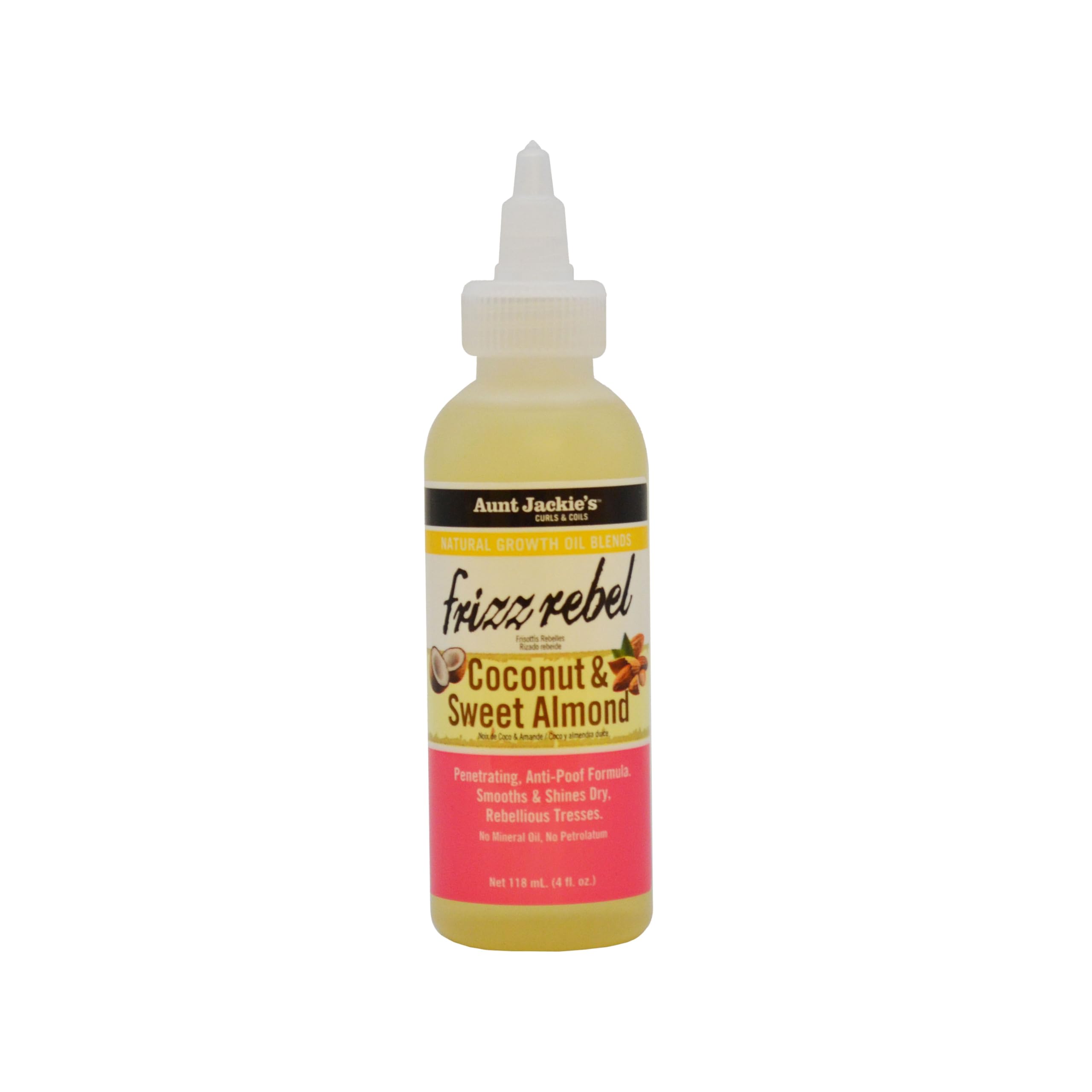 Aunt Jackie's Frizz Rebel: bote de aceite de coco y almendras para suavizar el cabello seco y rizado.