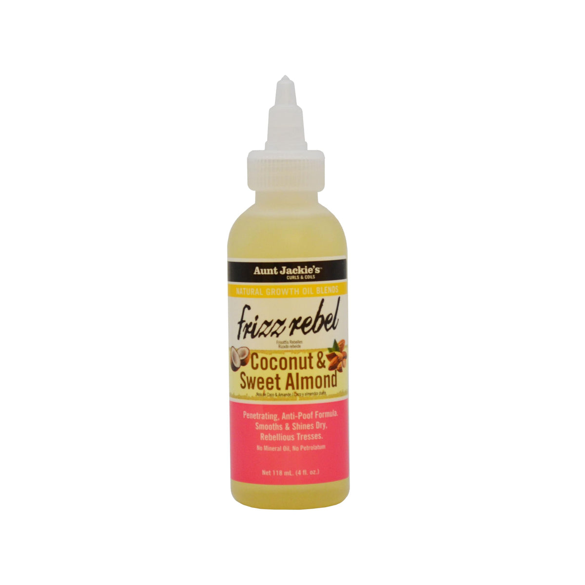 Aunt Jackie's Frizz Rebel: bote de aceite de coco y almendras para suavizar el cabello seco y rizado.