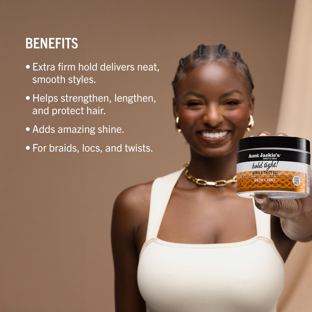Aunt Jackie's Hold Tight Gel, puntas nutridas y brillo duradero.