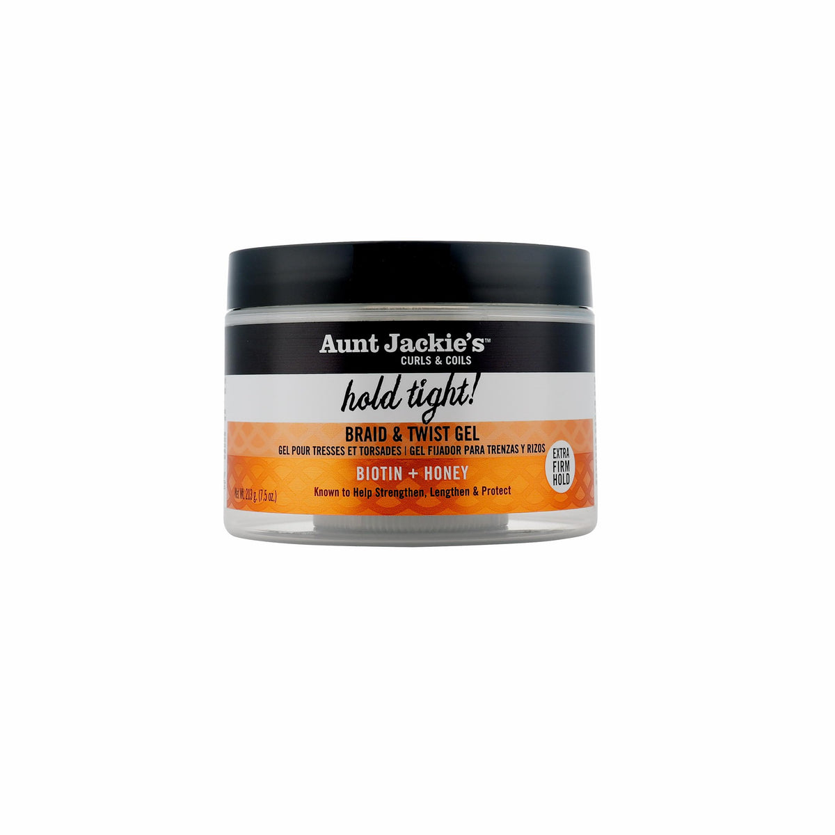 Aunt Jackie's Hold Tight Gel, botella, definición suave para trenzas con brillo.