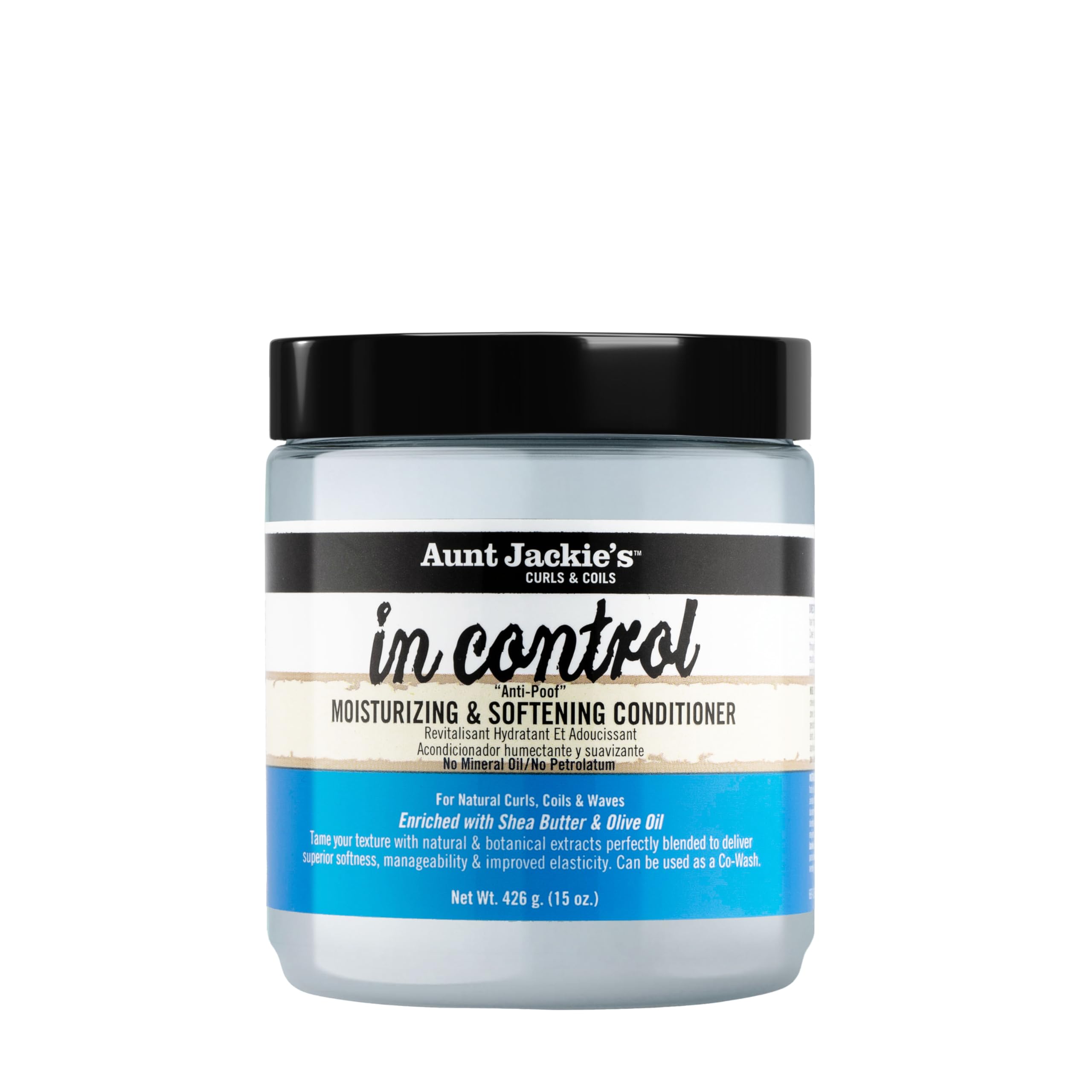 Aunt Jackie's In Control, botella anti-poof para controlar frizz y rizos definidos.